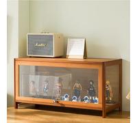 Vetrina, ante in acrilico, contenitore in bambù, 2 ripiani e libreria, ripiani in vetro, vetrina per giocattoli per figure