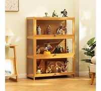 Vetrina, ante in acrilico, contenitore in bambù, 2 ripiani e libreria, ripiani in vetro, vetrina per giocattoli per figure