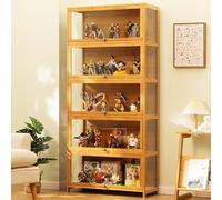 Vetrina, ante in acrilico, contenitore in bambù, 2 ripiani e libreria, ripiani in vetro, vetrina per giocattoli per figure