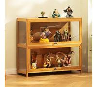 Vetrina, ante in acrilico, contenitore in bambù, 2 ripiani e libreria, ripiani in vetro, vetrina per giocattoli per figure