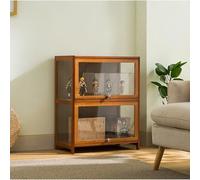 Vetrina, ante in acrilico, contenitore in bambù, 2 ripiani, libreria, vetro nero, ripiani portaoggetti, vetrina per giocattoli per figure