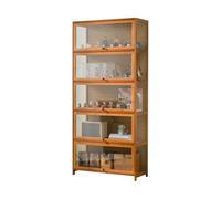 Vetrina espositiva per collezionismo in bambù con ante trasparenti, vetrinetta soggiorno multilivello per collezionisti di oggetti curiosi con anta a ribalta, soluzione di archiviazione per figure