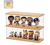 Vetrina Espositiva Teca Plexiglass per Funko Pop Figura 11.9cm per Lego | Vetrinetta Acrilico Trasparente per One Piece Collezionismo BrickHeadz, 2 Strati con Porta con Led Base in legno 40x10x27.7cm