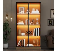 Vetrina in legno con illuminazione a LED con 4 scomparti e ante in vetro, ideale per soggiorno, cucina, bagno, camera da letto, 70 × 40 × 160 cm