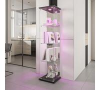Vetrina in vetro con led, armadio da collezione con 1 anta 4 ripiani trasparente, mobile in vetro, statuetta, vetrina per soggiorno, bar (4 piani 1 porta+LED effetto specchio