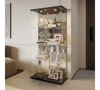 Vetrina in vetro con led, armadio per collezione 2 ante 4 ripiani trasparente, mobile bar statuetta salotto (4 piani 2 porte+LED effetto specchio, nero)