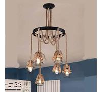 Vetrineinrete® Lampadario a sospensione con corde in canapa e metallo vintage 6 portalampada lampada rustica retrò country E27 a90-6