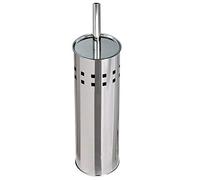Vetrineinrete® Portascopino a cilindro con scopino da bagno in acciaio satinato con coperchio spazzolone per WC toilette argento A70