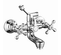 Vetrineinrete® Rubinetto per vasca a parete miscelatore due fori doppio comando acqua calda e fredda con attacco e supporto per doccetta in ottone cromato 52349A E15