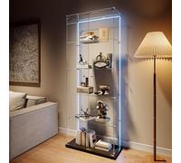 Vetrinetta in vetro con 5 ripiani a 2 ante, vetrinetta a colonna in vetro con LED e serratura, armadio moderno per lenti da collezione, VetRine esposizione a colonna vetrina per soggiorno(Nero-6B)