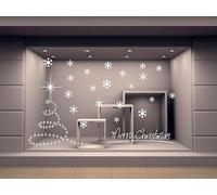 vetrofania natalizia per vetrine negozi adesivo vetrina albero natale merry Christmas ADESIVI Fiocco di Neve vetrina negozi natalizia Stickers Finestra Decorazione v32 (BIANCO, APPLICAZIONE ESTERNA)