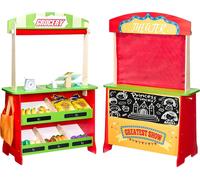 VEVOR Set da Gioco per Bambini in Legno con Tende, Negozio di Giocattoli Reversibile, Negozio di Alimentari Bifacciale con Lavagna e Registratore di Cassa, Bancarella del Mercato per Bambini
