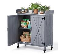 VEVOR Armadietto Banco per Giardinaggio, Mobiletto da Giardino in Legno per Esterni con Piano in Ferro Zincato da 91,5 x 40,5 cm, con Ampio Spazio di Archiviazione, 4 Ruote per Patio, Cortile, Grigio