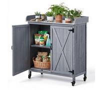 VEVOR Armadietto Banco per Giardinaggio, Mobiletto da Giardino in Legno per Esterni con Piano in Ferro Zincato da 91,5 x 40,5 cm, con Ampio Spazio di Archiviazione, 4 Ruote per Patio, Cortile, Grigio