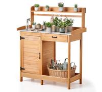 VEVOR Armadietto Banco per Giardinaggio, Postazione di Lavoro in Legno per Esterni con Piano in Ferro Zincato da 112 x 46,5 cm, con Cassetto, Mobiletto Portaoggetti e Ripiani, Ganci per Patio