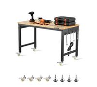 VEVOR Banco da Lavoro Regolabile 1219 mm, Tavolo per Lavoro Carico max. 907 kg Presa di Corrente, Ruote e Pannello Forato, Piano in Legno di Quercia per Garage, Officina, Ufficio e Casa