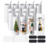 VEVOR Bicchieri vuoti da 590 ml, in acciaio inox, a doppia parete, con cannuccia, coperchio, pennello, base, involucro termoretraibile, confezione regalo, stampa e trasferimento di calore, bianco