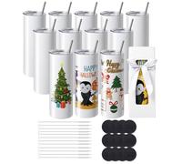 VEVOR Bicchieri vuoti da 590 ml, in acciaio inox, a doppia parete, con cannuccia, coperchio, pennello, base, involucro termoretraibile, confezione regalo, stampa e trasferimento di calore, bianco