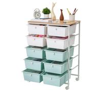 VEVOR Carrello con Cassetti Organizer a Doppia Fila con 10 Cassetti Pratici, Carrello Portaoggetti con Piano in Legno, Telaio in Acciaio Verniciato, Ruote Girevoli a 360° con 2 Freni, Blu e Bianco