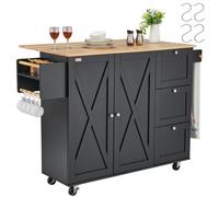 VEVOR Carrello da Cucina, Carrelli Mobili, Piano Ribaltabile in Legno 1150 mm con Mobiletto Portaoggetti, Tavolo con Rotelle, Porta Spezie e Asciugamani, Cassetto Ganci, Isole Portatili Ruote, Nero