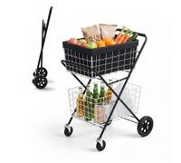 VEVOR Carrello della Spesa Pieghevole a 2 Livelli con Ruote Portata 40 kg, Carrello Robusto con Struttura a Spinta, 2 Cestini Rimovibili, Ruote Piroettanti a 360°, per Spesa, Magazzino e Supermercato