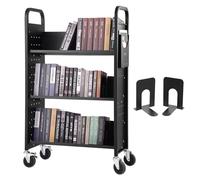 VEVOR Carrello per Libri, Carrello 3 Ripiani da Biblioteca Carico Max. 150kg, Carrello da Libreria Biblioteca Ripiani Piatti a Forma di V Ruote Bloccabili 790 x 385 x 1250 mm da Scuole, Nero