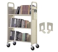VEVOR Carrello per Libri, Carrello 3 Ripiani da Biblioteca Carico max. 150kg, Carrello da Libreria Biblioteca Ripiani Piatti a Forma di V Ruote Bloccabili 790 x 385 x 1250 mm da Scuole, Beige