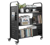 VEVOR Carrello Portalibri con Ruote 970 x 515 x 1225 mm Carrello Rotante Porta Libri, Carico 150 kg Ripiani a W Bifacciali con Ruote Bloccabili 7,6 cm per Scaffali di Casa, Ufficio e Scuola, Nero
