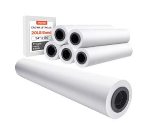 VEVOR Carta per Plotter di Grande Formato, 609,6 mm x 45,7 m, 6 Rotoli CAD Bond Rolls con Anima 50,8 mm, Rotoli di Carta per Plotter 15 kg, Carta per Disegni CAD, Progetti di Ingegneria, Mappe GIS