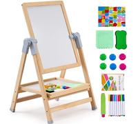 VEVOR Cavalletto da Arte per Bambini 2 in 1, Cavalletto da Arte in Legno a Doppia Faccia con Lavagna Magnetica, Tavolo da Disegno Pieghevole Girevole Regolabile con Accessori per Pittura per Ragazzi