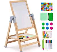 VEVOR Cavalletto da Arte per Bambini 3 in 1, Cavalletto da Arte in Legno a Doppia Faccia con Lavagna Magnetica e Rotolo di Carta, Tavolo da Disegno Regolabile con Accessori per Pittura per Ragazzi