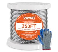 VEVOR Cavo Metallico da 6,35 mm 76,2 m Cavo in Acciaio al Carbonio Zincato a Caldo con Guanti, Resistenza alla Rottura di 31,1 KN 7 x 19 Fili, Grado Aeronautico Marino per Corrimano, Scale, Terrazze