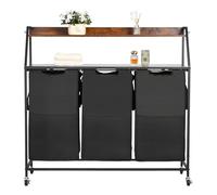 VEVOR Cesto Portabiancheria a 2 Ripiani, Cesto Portabiancheria con Ruote a 3 Scomparti, Struttura in Metallo, Piano Superiore in Legno, Sacchetti in Tessuto Oxford 600D, per Vestiti Sporchi