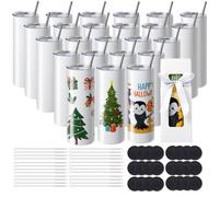 VEVOR Confezione 24 bicchieri dritti per sublimazione, bicchiere vuoto 20 oz, bicchieri a doppia parete in acciaio inox con cannuccia, coperchio, pennello, base, pellicola termoretraibile