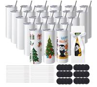 VEVOR Confezione 24 bicchieri dritti per sublimazione, bicchiere vuoto 20 oz, bicchieri a doppia parete in acciaio inox con cannuccia, coperchio, pennello, base, pellicola termoretraibile