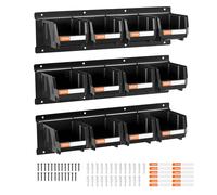 VEVOR Contenitori Portaoggetti da Parete, 12 Contenitori in Plastica e 3 Guide in Metallo, Scatola Portaoggetti Impilabile Sospeso per Ferramenta per Officina, Stanza dei Lavori Manuali, Nero