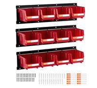 VEVOR Contenitori Portaoggetti da Parete, 12 Contenitori in Plastica e 3 Guide in Metallo, Scatola Portaoggetti Impilabile Sospeso per Ferramenta per Officina, Stanza dei Lavori Manuali, Rosso