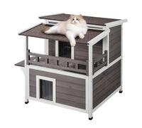 VEVOR Cuccia per Gatti da Esterno Resistente alle Intemperie, Rifugio per Gatti Grande Cuccia da Esterno in Legno a 2 Piani con Balcone, Porte, Persiane in PVC e Tetto Aperto, Casa Rifugio Animali