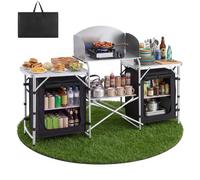 VEVOR Cucina da Campeggio Portatile Pieghevole, Mobile Portaoggetti da Campeggio con 2 Tavoli Laterali in MDF Paravento Rimovibile per Fornello, Spazio Portaoggetti Gambe a X, Mobile Cucina per Picnic