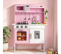 VEVOR Cucina Giocattolo per Bambini in Legno, Set da Cucina Giocattolo con Luci e Suoni Realistici, Cibo e Pentole, Microonde e Forno con Manopole, Gioco di Ruolo, per Bambini da 3 a 8 Anni, Rosa