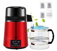 VEVOR Distillatore d'Acqua 4L Tempo Temp Regolabile Rosso Acciaio Inox 304 1L/H
