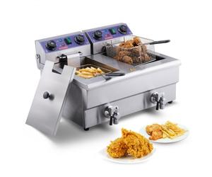 VEVOR Friggitrice Commerciale, Macchina Friggitrice Elettrica Doppia Vasca 3000 W con Cestello in Acciaio Inox 11 L con Filtraggio dell'Olio, Controllo Tempo Temperatura, Friggitrice da Cucina