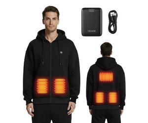 VEVOR Giacca Riscaldata con Cappuccio per Uomo e Donna, Felpa Riscaldata Unisex con Cerniera Intera e Banca di Potere da 7,4 V, Pile Polare Taglia XXXL, per Campeggio Invernale all'Aperto, Nero