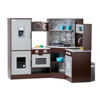 VEVOR Giocattolo Cucina per Bambini, Set Giocattolo da Cucina ad Angolo in Legno con Luci Suoni Macchina per Ghiaccio Forno Lavello Microonde Frigorifero Utensili, Giocattolo Cucina, 24 pz, Marrone