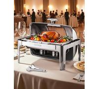 VEVOR Set di Scaldavivande 3,9 L Scaldavivande Rettangolare in Acciaio Inox, 1 Pezzo con 2 Padelle di Mezza Misura, Coperchio Visibile, Supporto Pieghevole per Padella per Acqua e Carburante, Argento