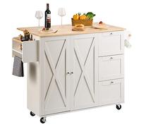 VEVOR Isola per Cucina Mobile con Ruote Tavolo Ribalto con Cassetti Portaoggetti Rastrelliera Capacità Carico Totale 136kg, Carrello Isola da Cucina Credenza Mobile per Utensili Cucina in MDF 4 Ruote