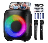 VEVOR Karaoke Macchina per Adulti, 15 W, Altoparlante Bluetooth Portatile da 101 mm con 2 Microfoni Wireless, Luce LED, TWS, Maniglia, Supporta Scheda Micro TF, USB, AUX, per Feste a Casa