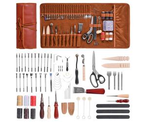 VEVOR Kit di Utensili per Lavorazione della Pelle, 72 Pezzi, Utensili per l'Artigianato della Pelle con Borsa Portaoggetti Portatile, per Incisione, Punzonatura, Cucito, Timbratura e Levigatura