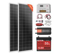 VEVOR Kit Solare Completo 200W 12V Fuori Rete, con 2 Pannelli Solari Monocristallini da 100W, Batteria LiFePO₄ da 12,8V 50Ah, Regolatore di Carica da 40A, Inverter da 800W, per Camper, Barca