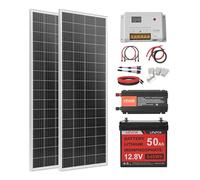 VEVOR Kit Solare Completo 200W 12V Fuori Rete, con 2 Pannelli Solari Monocristallini da 100W, Batteria LiFePO₄ da 12,8V 50Ah, Regolatore di Carica da 40A, Inverter da 800W, per Camper, Barca
